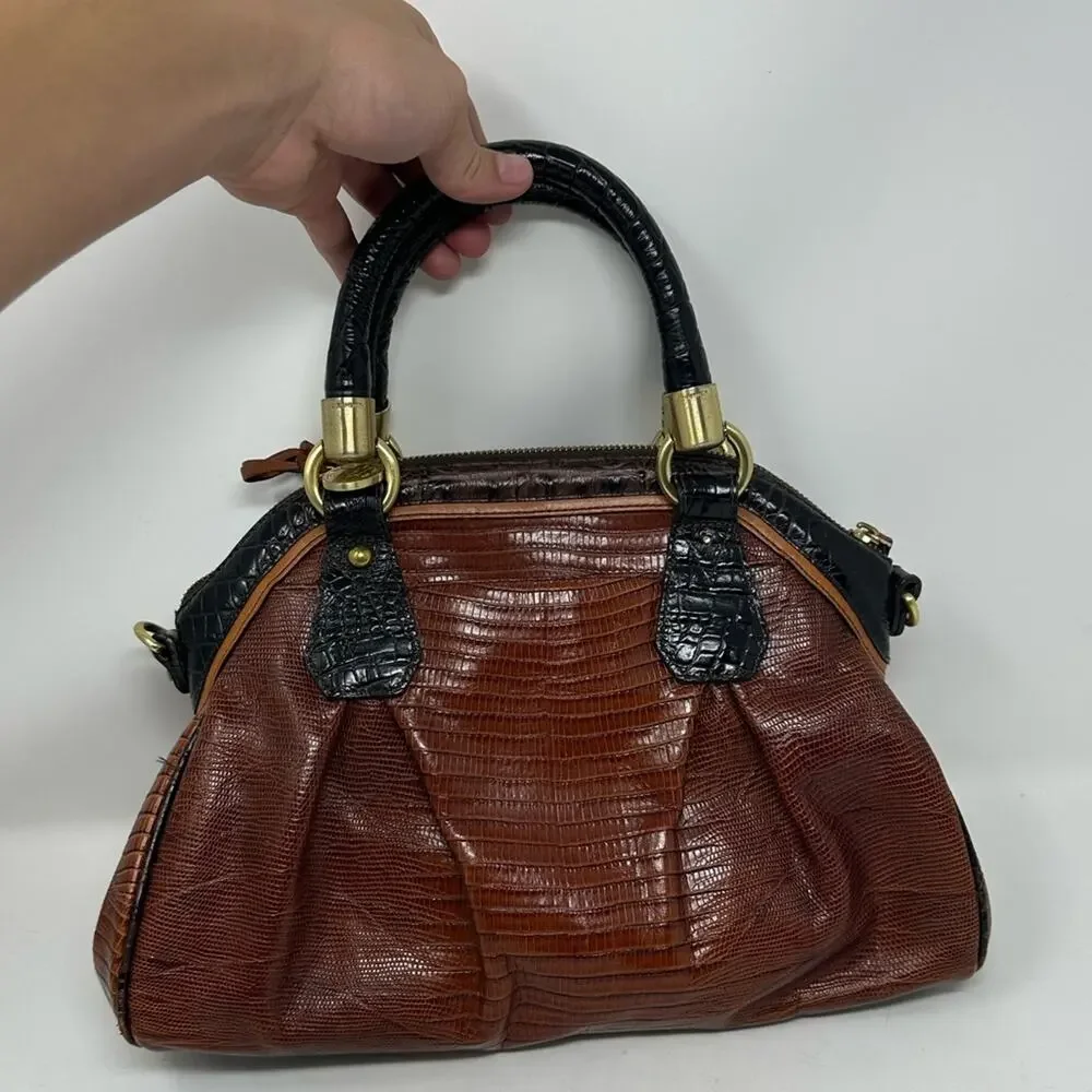 Brahmin Lisa Satchel Bag Cognac Tri-Texture Croc Lizard Brown Gold Tone